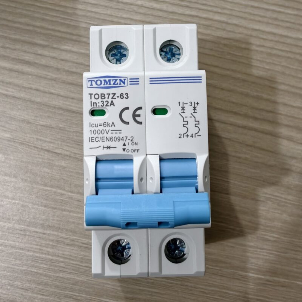 TOMZN 2P DC Circuit Breaker 32A- 12V-1000V Wide RangeDC MCB for PV System (TOMZN TOB7Z-63)